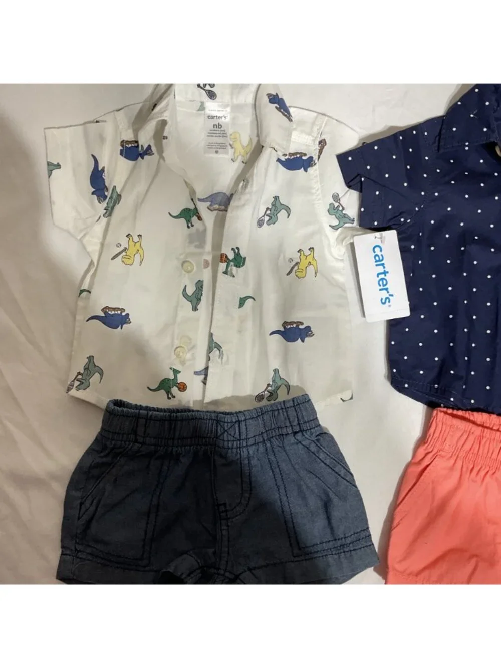 Carters Newborn Boys 4-Piece Outfits With Dinosaur & Polka Dot Shirts Plus Denim